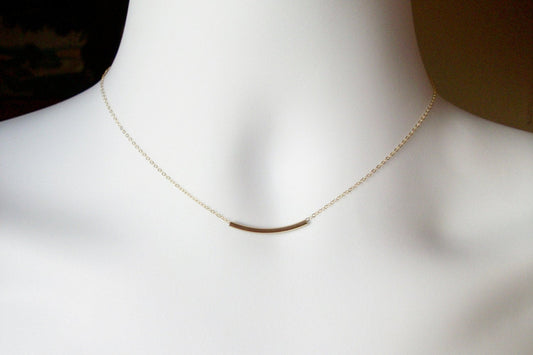 Gold Bar Necklace - Tiny Gold Curved Bar Necklace, Gold Filled Necklace, bridesmaid gifts, gold, yellow, Wedding, Christma