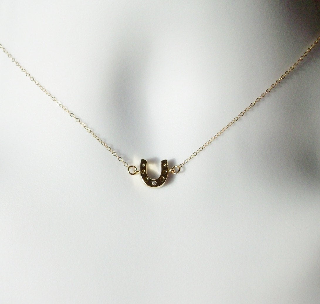 Tiny Horseshoe Necklace - Tiny Gold Horseshoe with Cubic Zirconia Necklace - Good Luck Necklace - Christmas Gift