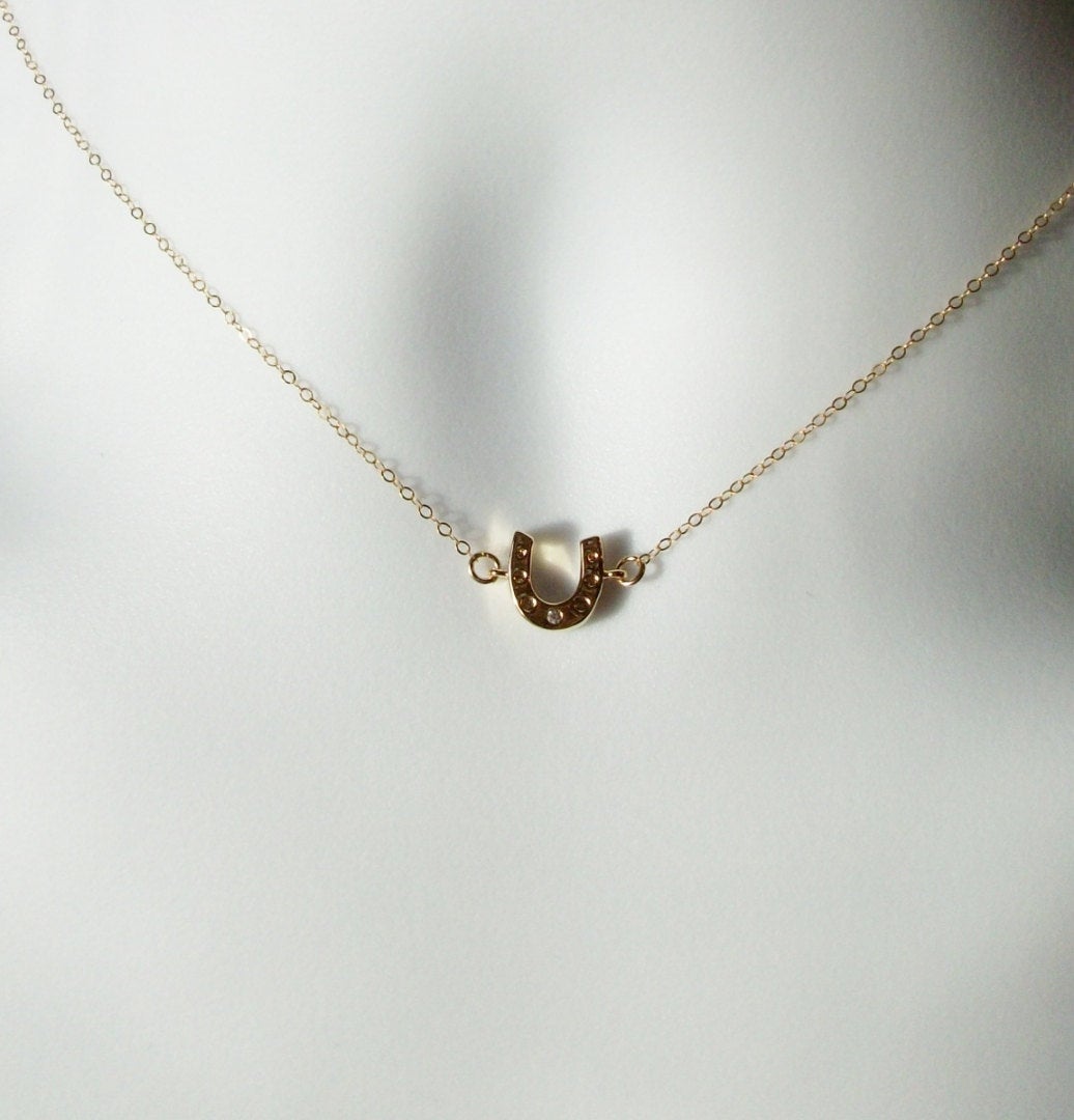 Tiny Horseshoe Necklace - Tiny Gold Horseshoe with Cubic Zirconia Necklace - Good Luck Necklace - Christmas Gift