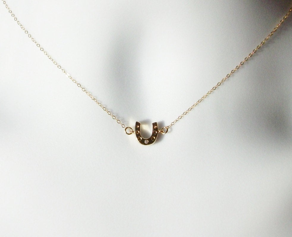 Tiny Horseshoe Necklace - Tiny Gold Horseshoe with Cubic Zirconia Necklace - Good Luck Necklace - Christmas Gift