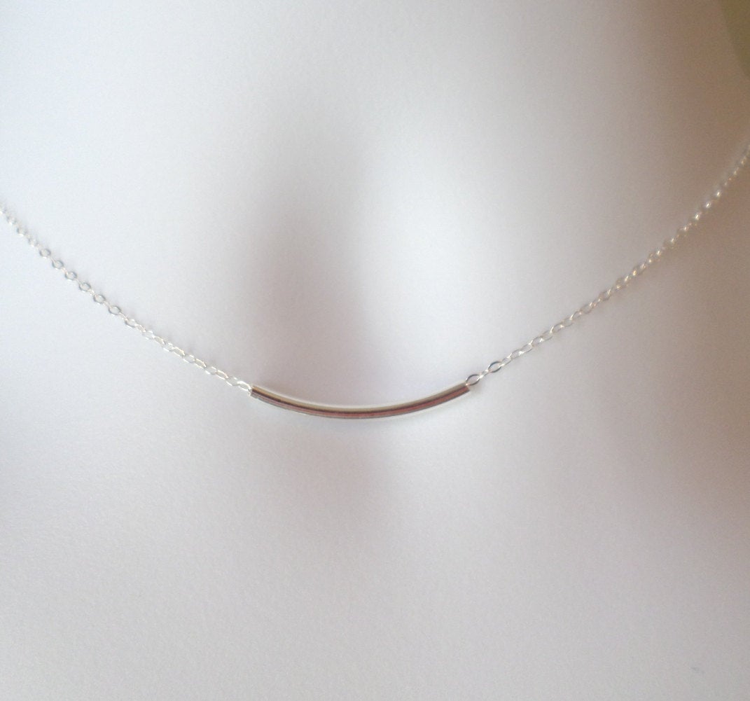 Silver Bar Necklace - Sterling Silver Bar Necklace, Sterling Silver Necklace, Sterling Silver Curved Bar Necklace