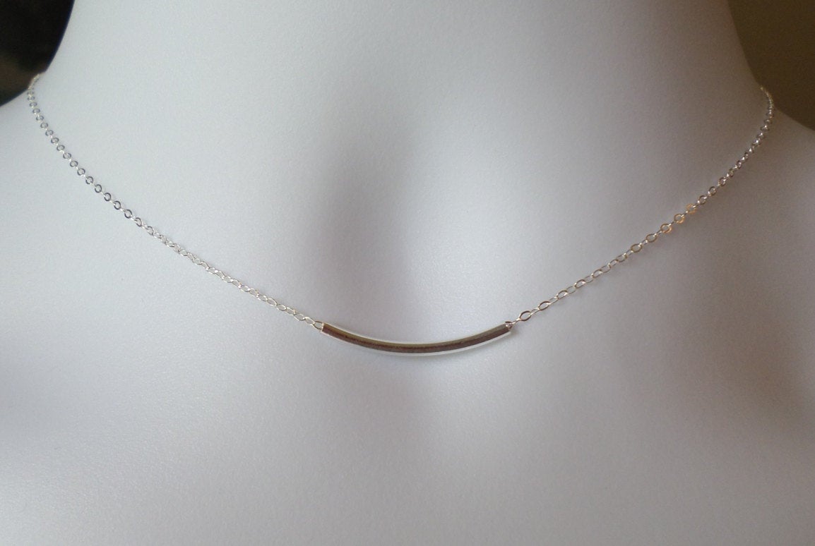 Silver Bar Necklace - Sterling Silver Bar Necklace, Sterling Silver Necklace, Sterling Silver Curved Bar Necklace