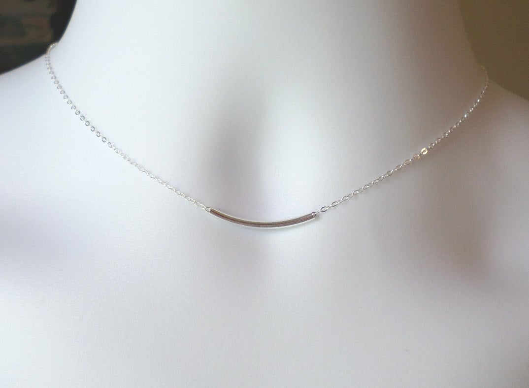 Silver Bar Necklace - Sterling Silver Bar Necklace, Sterling Silver Necklace, Sterling Silver Curved Bar Necklace