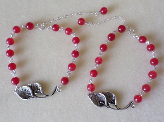 Sterling Silver Red Jade and Calla Lily Pendant Bracelet - Gemstone Bracelet - Calla Lily Bracelet