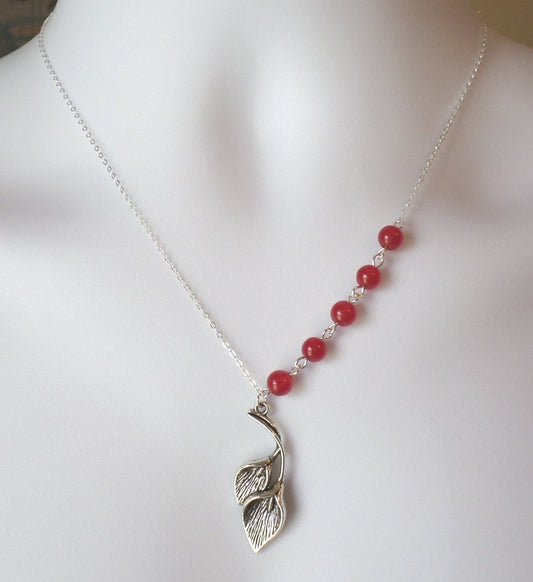 Sterling Silver Red Jade and Calla Lily Pendant Necklace - Gemstone Necklace - Calla Lily Necklace