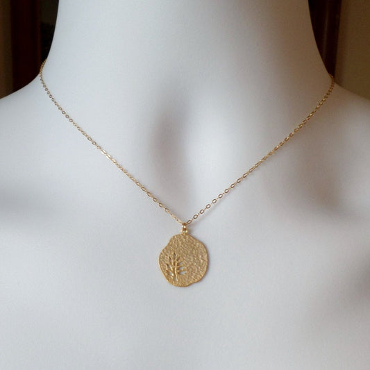 Gold Leaf Cutout Disc Necklace - Gold Disc Necklace - Tiny Gold Disc Necklace - Bridal Gifts - Christmas Gifts - Nature Jewelry