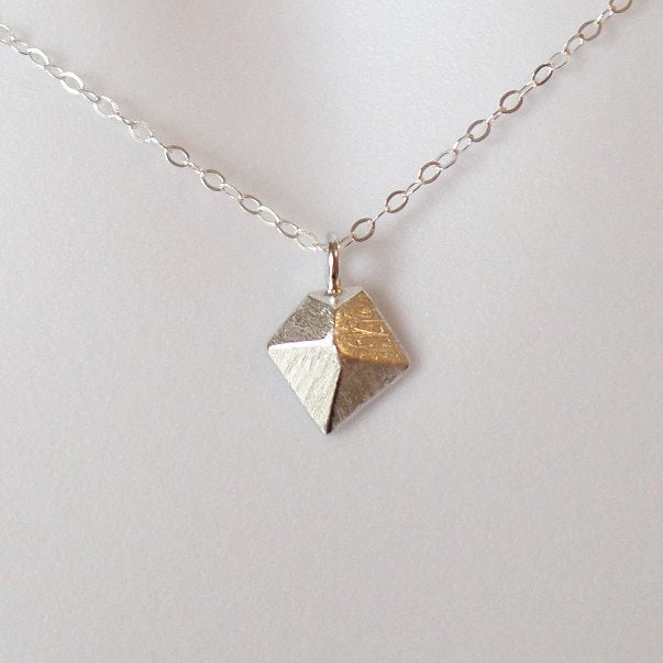 Silver triangle Necklace - 3d geometric triangle necklace, Sterling Silver Necklace, bridesmaid gifts, grey, white, silver, Christmas Gift