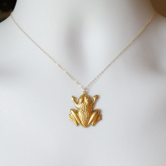 Gold Frog Necklace - Frog Necklace, Gold Filled Necklace, Animal Jewelry, Christmas Gift, Steampunk Jewelry