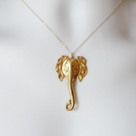 Gold Elephant Necklace - Elephant Head Necklace, Gold Filled Necklace, Animal Jewelry, Christmas Gift, Steampunk Jewelry