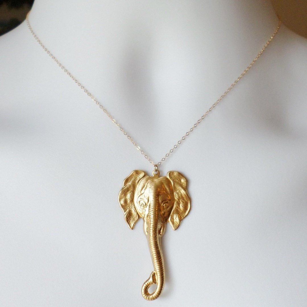 Gold Elephant Necklace - Elephant Head Necklace, Gold Filled Necklace, Animal Jewelry, Christmas Gift, Steampunk Jewelry