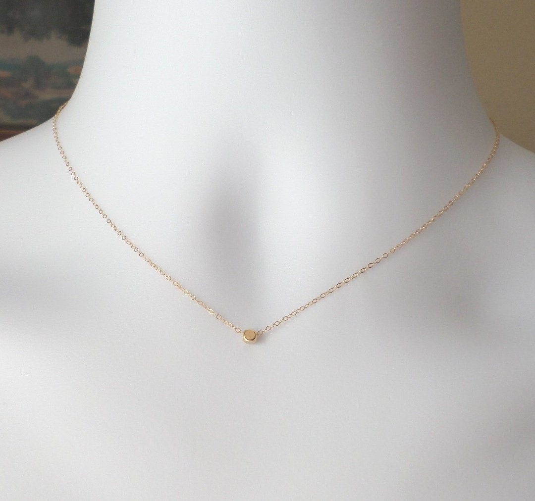 Gold Cube Necklace - Tiny Gold Cube Necklace, Gold Filled Necklace, bridesmaid gifts, gold, yellow, Wedding, Christmas Gift