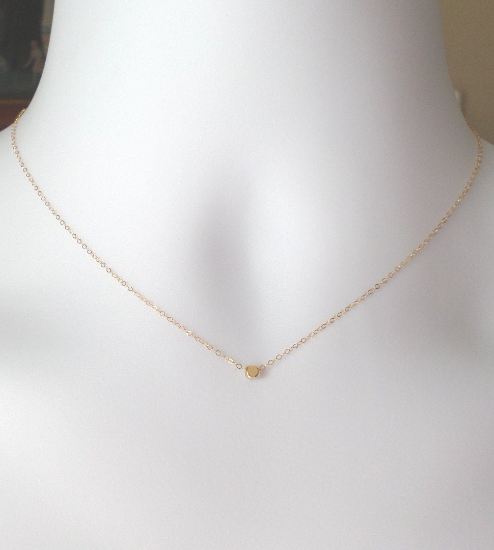 Gold Cube Necklace - Tiny Gold Cube Necklace, Gold Filled Necklace, bridesmaid gifts, gold, yellow, Wedding, Christmas Gift