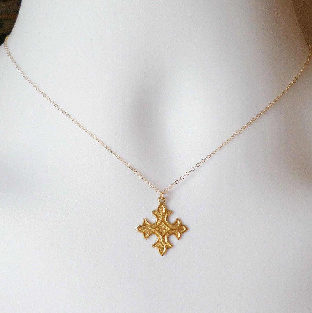 Gold Cross Necklace - Celtic Style Cross Necklace, Gold Filled Necklace, bridesmaid gifts, gold, yellow, Wedding, Mothers Day, Bridal