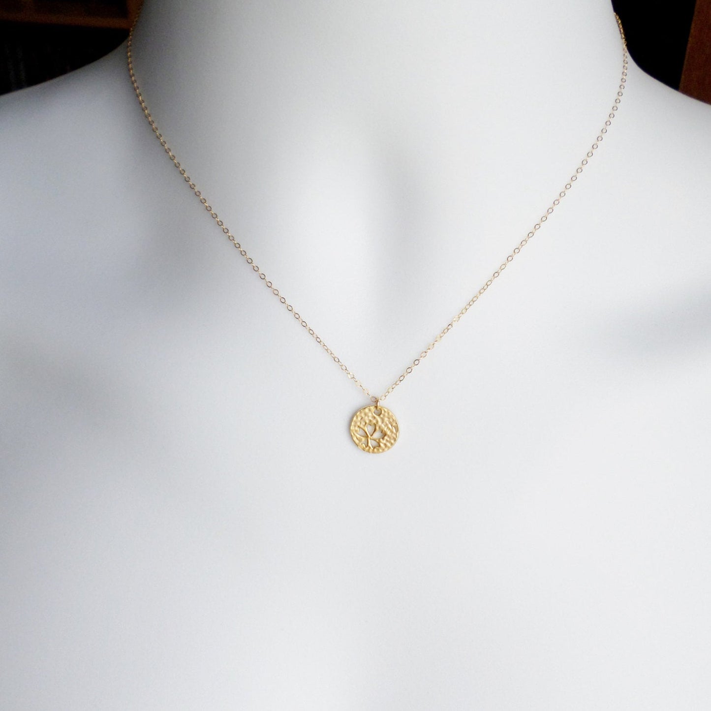 Gold Disc Necklace, four leaf clover cutout disc charm necklace, Tiny Gold Filled Hammered Disc with Clover Cutout Necklace