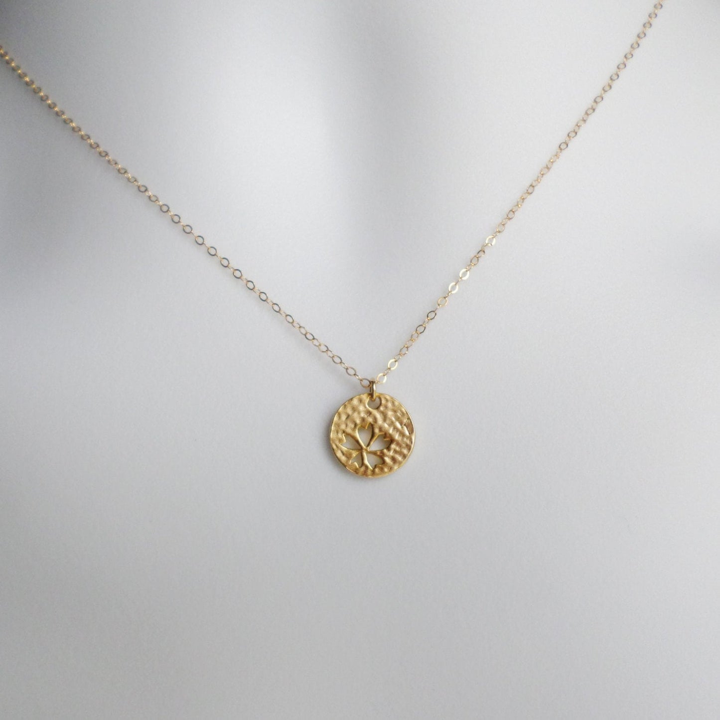 Gold Disc Necklace, four leaf clover cutout disc charm necklace, Tiny Gold Filled Hammered Disc with Clover Cutout Necklace