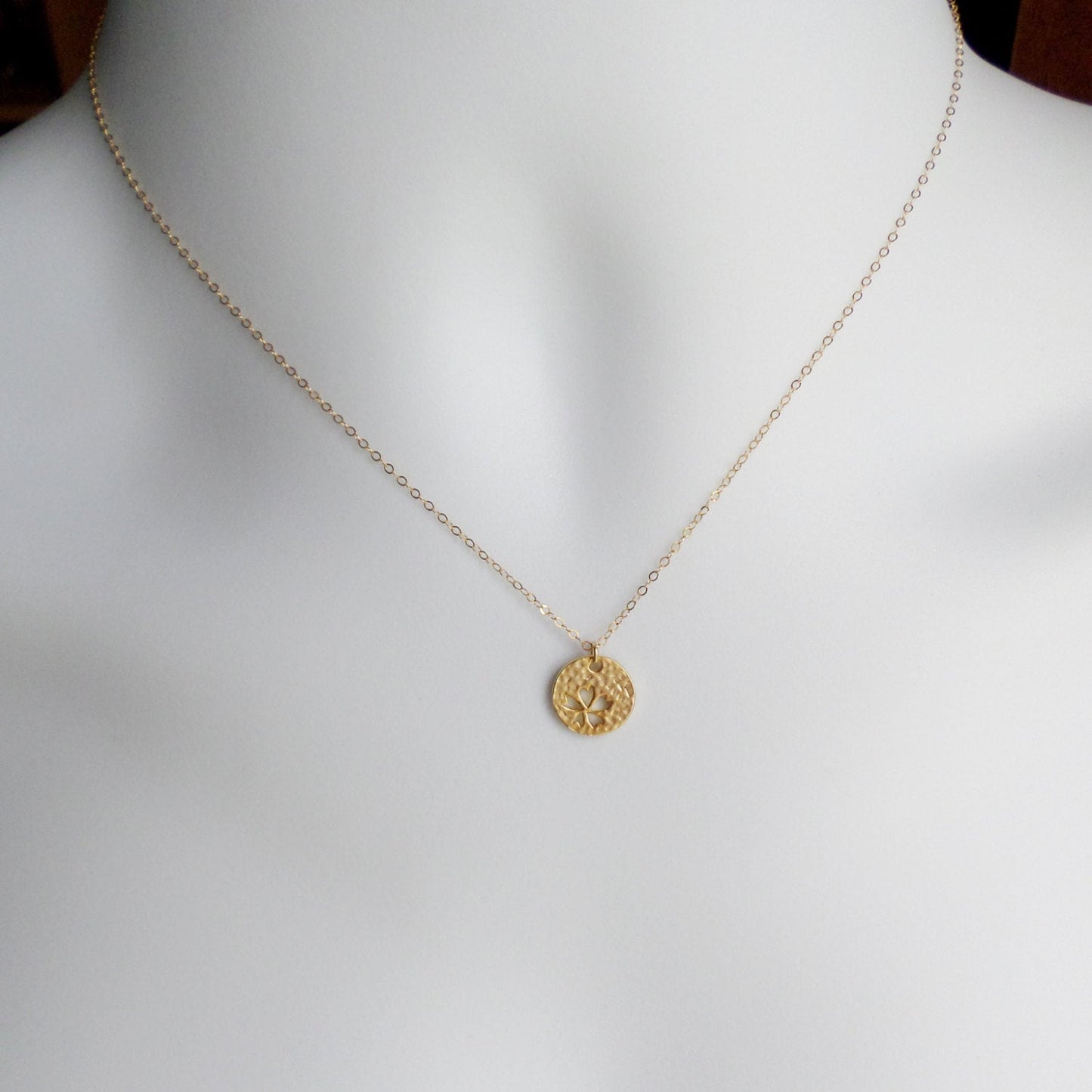 Gold Disc Necklace, four leaf clover cutout disc charm necklace, Tiny Gold Filled Hammered Disc with Clover Cutout Necklace