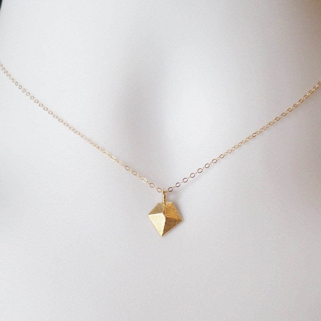 Gold Diamond Necklace - Tiny Gold Diamond Shaped Charm Necklace, Gold Filled Necklace, bridesmaid gifts, gold, yellow, Christmas Gift