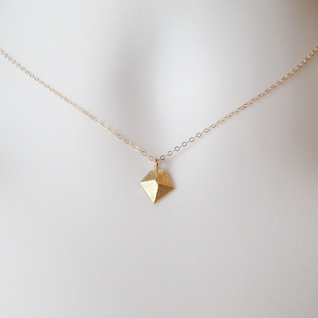 Gold Diamond Necklace - Tiny Gold Diamond Shaped Charm Necklace, Gold Filled Necklace, bridesmaid gifts, gold, yellow, Christmas Gift