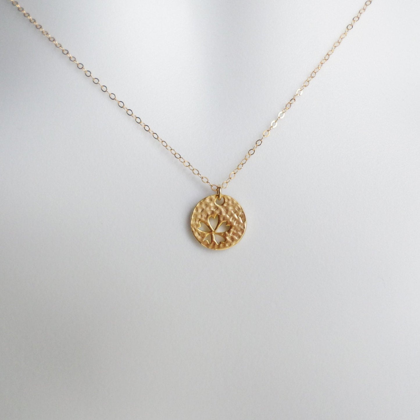 Gold Disc Necklace, four leaf clover cutout disc charm necklace, Tiny Gold Filled Hammered Disc with Clover Cutout Necklace