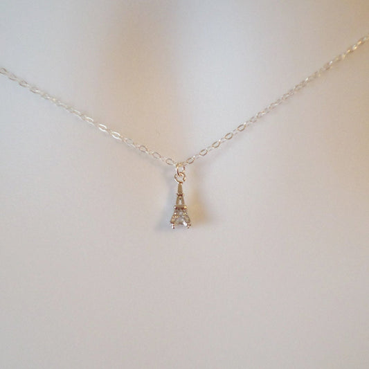 Silver Eiffel Tower Necklace - Tiny Silver Eiffel Tower with cubic in the bottom Necklace, Sterling Silver Necklace, Christmas Gift