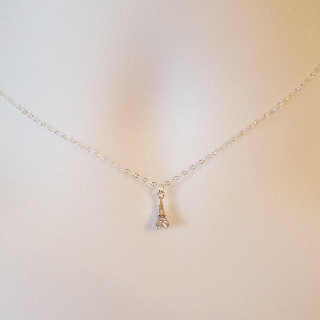 Silver Eiffel Tower Necklace - Tiny Silver Eiffel Tower with cubic in the bottom Necklace, Sterling Silver Necklace, Christmas Gift