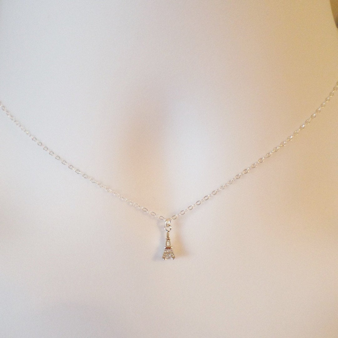 Silver Eiffel Tower Necklace - Tiny Silver Eiffel Tower with cubic in the bottom Necklace, Sterling Silver Necklace, Christmas Gift