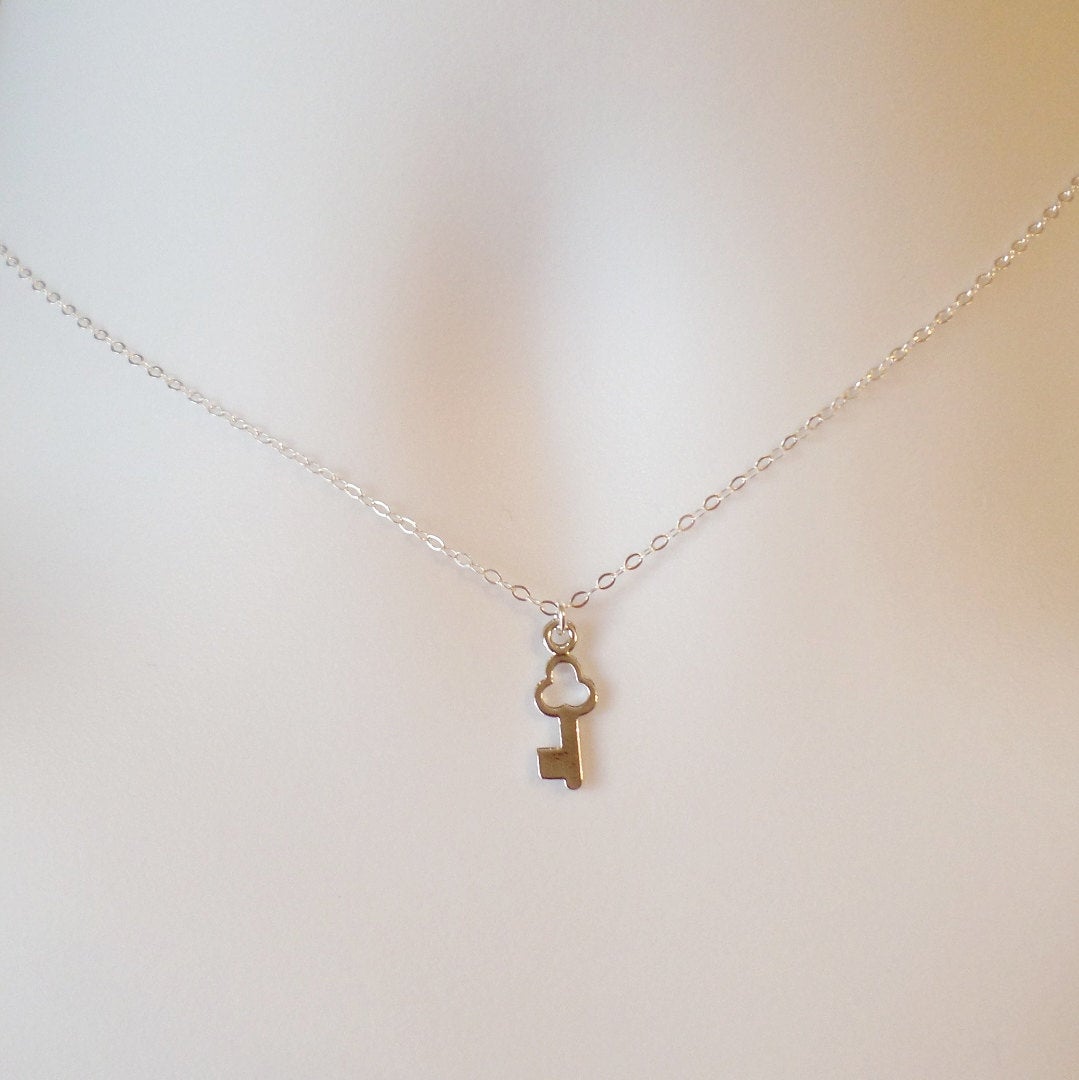 Silver Key Necklace - Tiny Silver Key Necklace, Sterling Silver Necklace, bridesmaid gifts, grey, white, silver, Mothers Day, Christmas Gif