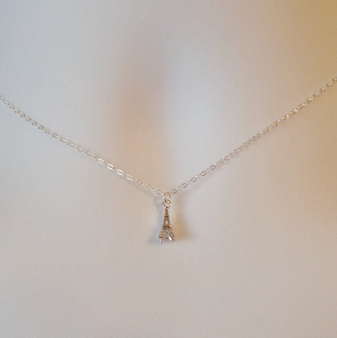 Silver Eiffel Tower Necklace - Tiny Silver Eiffel Tower with cubic in the bottom Necklace, Sterling Silver Necklace, Christmas Gift