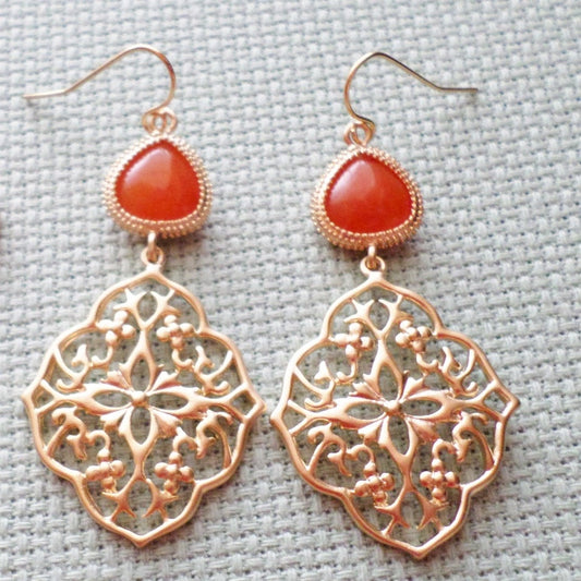 ONLY ONE AVAILABLE - Orange and Gold Chandelier Earrings - Orange Glass Framed Bead Earrings - Gold Earrings - Christmas Gift