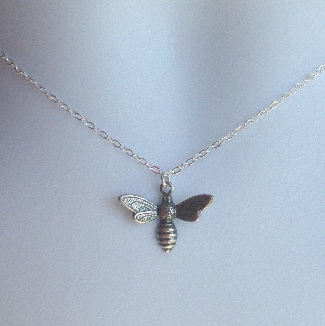 Silver Bee Necklace - Sterling Silver Bumble Bee Necklace - Animal Jewelry - Honey Bee Necklace