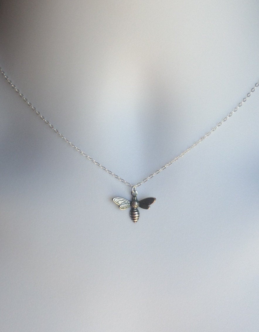 Silver Bee Necklace - Sterling Silver Bumble Bee Necklace - Animal Jewelry - Honey Bee Necklace