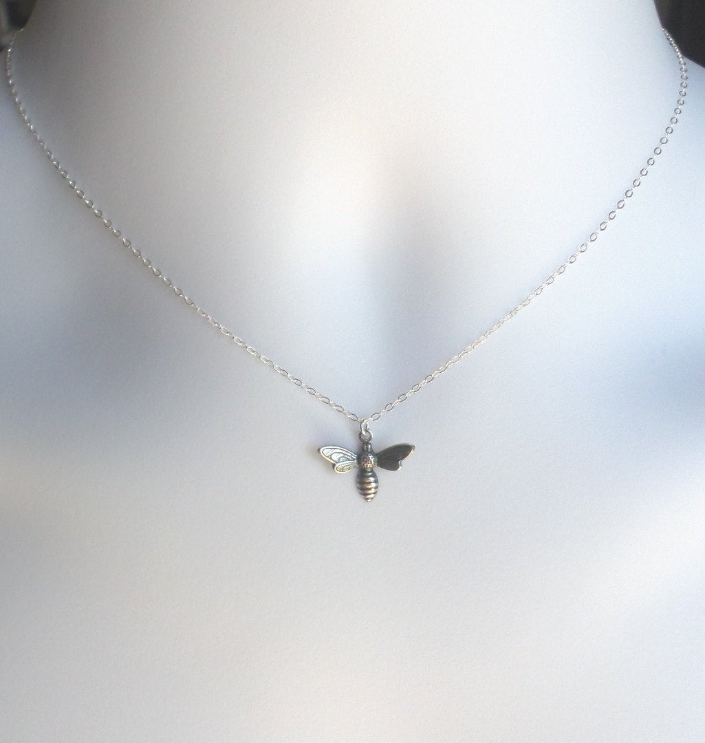 Silver Bee Necklace - Sterling Silver Bumble Bee Necklace - Animal Jewelry - Honey Bee Necklace