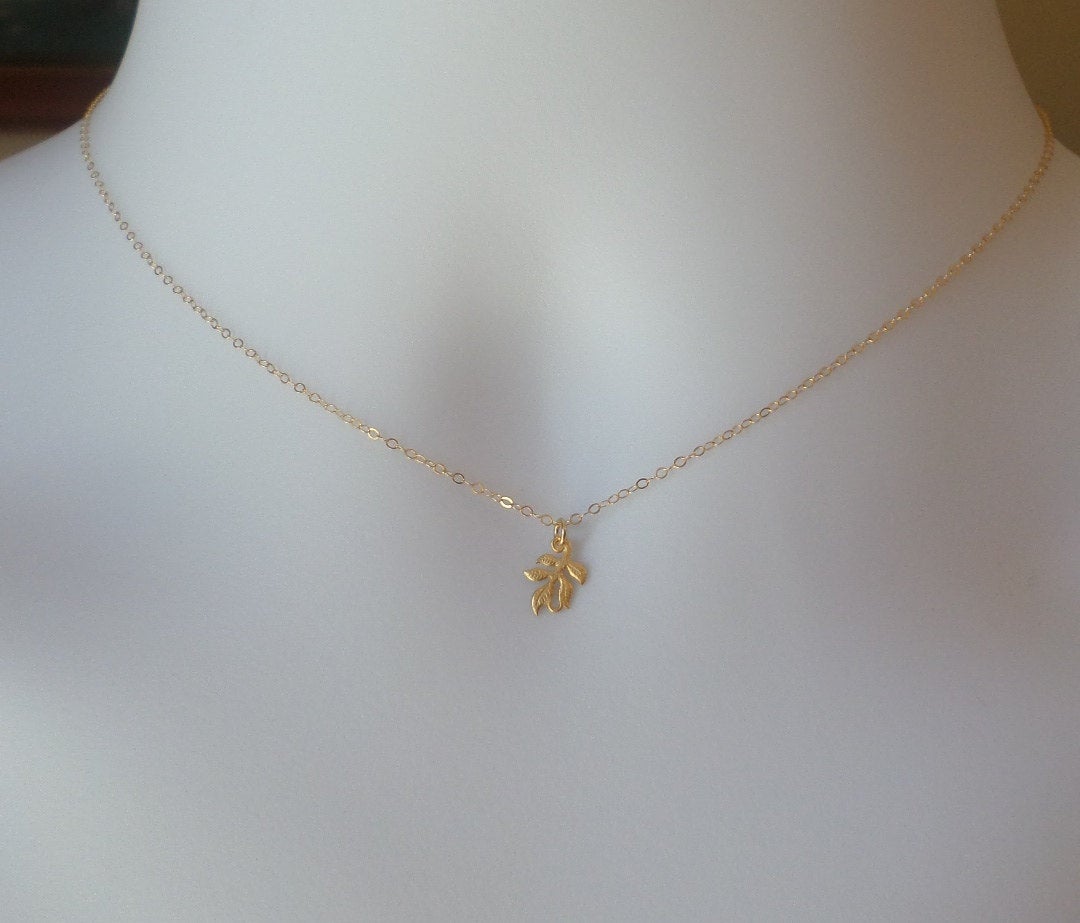 Tiny Gold Leaf Necklace - Gold Leaf Necklace - Leafy Necklace, Gold Filled Necklace, bridesmaid gifts, yellow, Wedding, Christmas Gift