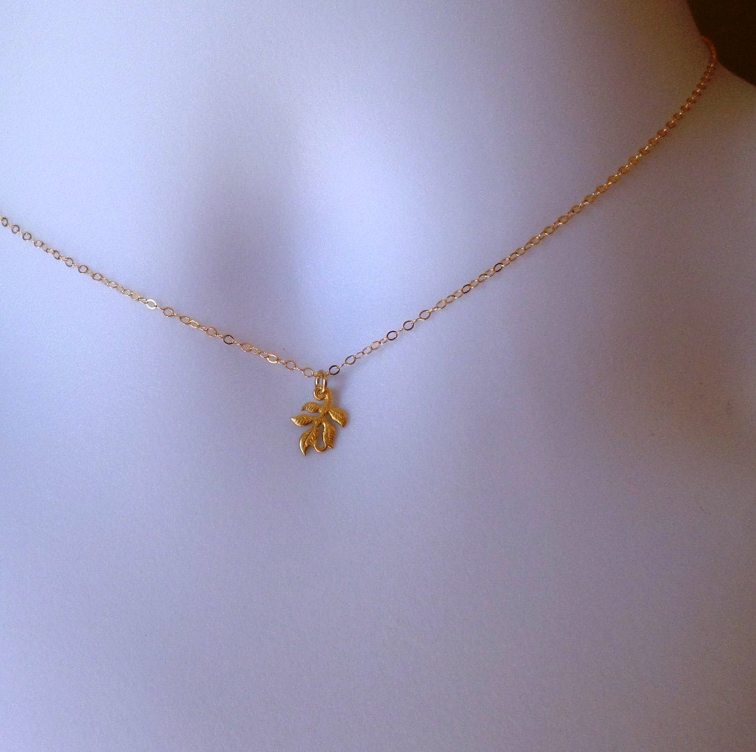 Tiny Gold Leaf Necklace - Gold Leaf Necklace - Leafy Necklace, Gold Filled Necklace, bridesmaid gifts, yellow, Wedding, Christmas Gift