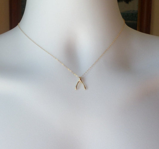 Wishbone Necklace - Gold Wishbone Necklace - Lucky Necklace, Gold Filled Necklace, bridesmaid gifts, yellow, Wedding, Christmas Gift