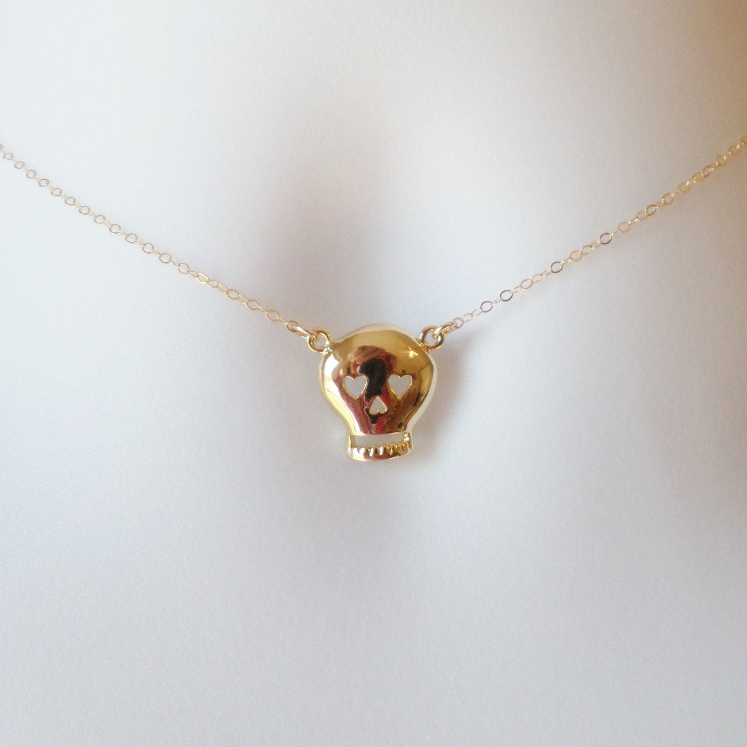 Gold Skull Necklace - Gold Skull with Heart Cutouts Necklace, Christmas Gift, Unique Jewelry, Gold Jewelry