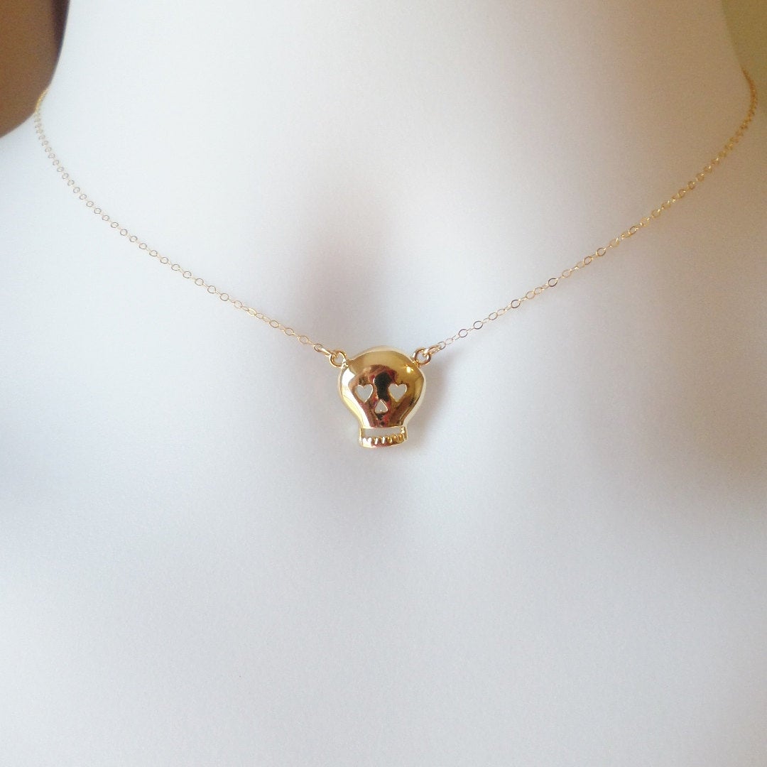 Gold Skull Necklace - Gold Skull with Heart Cutouts Necklace, Christmas Gift, Unique Jewelry, Gold Jewelry