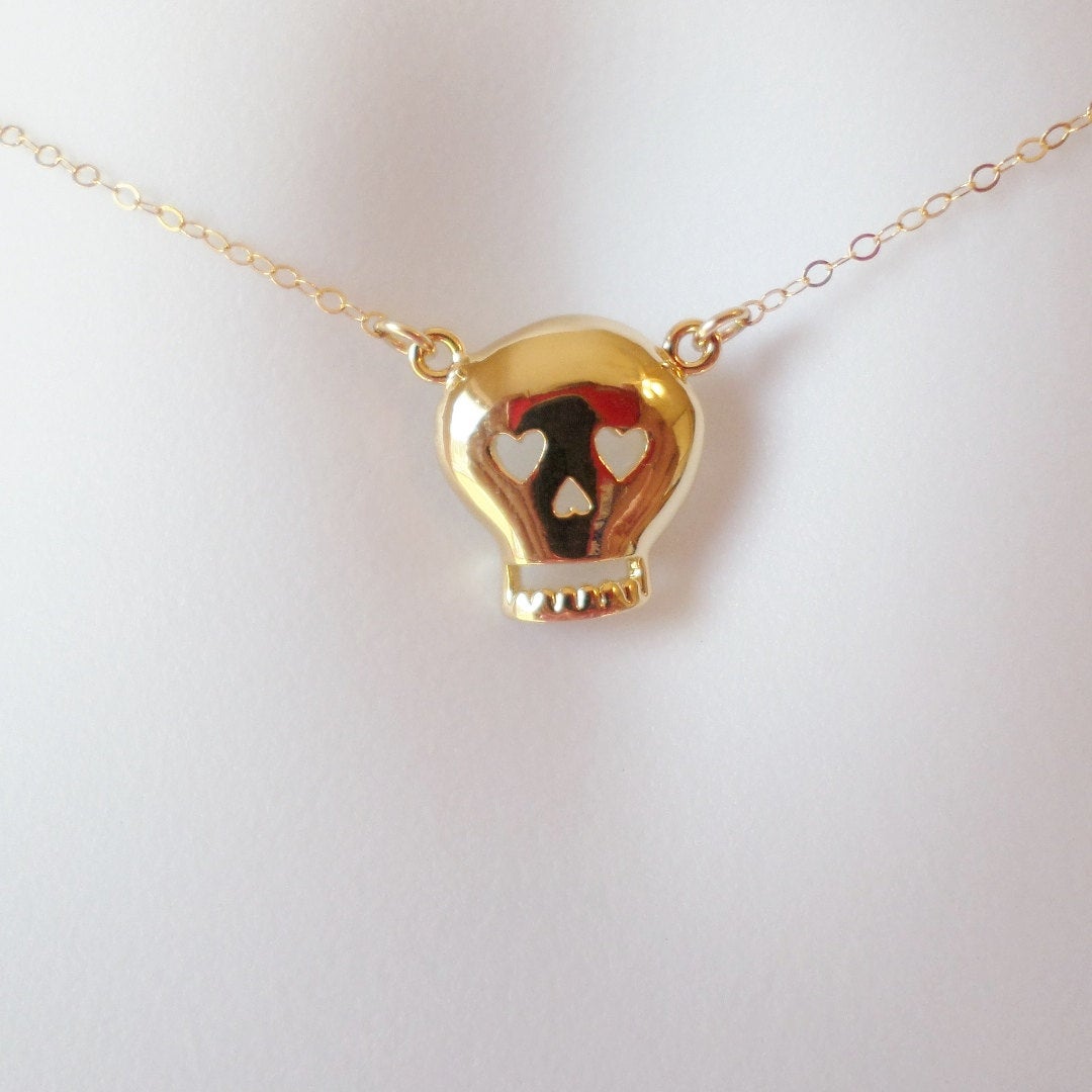 Gold Skull Necklace - Gold Skull with Heart Cutouts Necklace, Christmas Gift, Unique Jewelry, Gold Jewelry