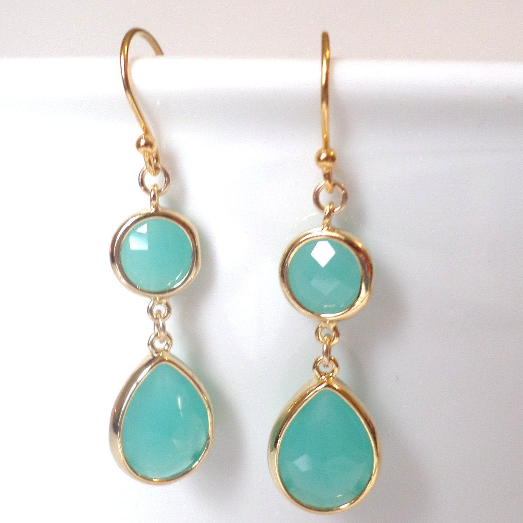 Mint Framed Glass Chandelier Earrings - Mint Green Earrings - Gold Earrings - Graduation Present - Christmas Gift