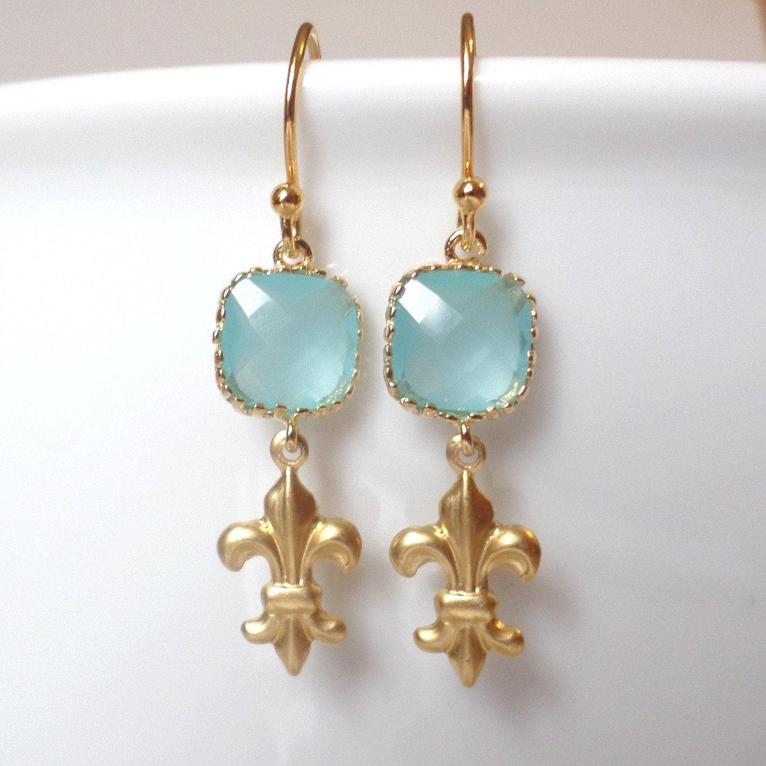 Mint Framed Glass and Fleur-de-lis Chandelier Earrings - Mint Green Earrings - Gold Earrings - Graduation Present - Christmas Gift