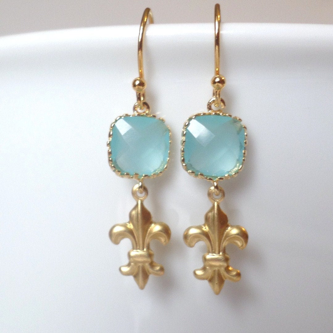 Mint Framed Glass and Fleur-de-lis Chandelier Earrings - Mint Green Earrings - Gold Earrings - Graduation Present - Christmas Gift