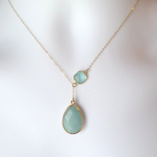 Mint Green and Gold Glass Stone Framed Lariat Necklace - Lariat Necklace - Gold Lariat Necklace - Birthday Gift - Christmas Gift