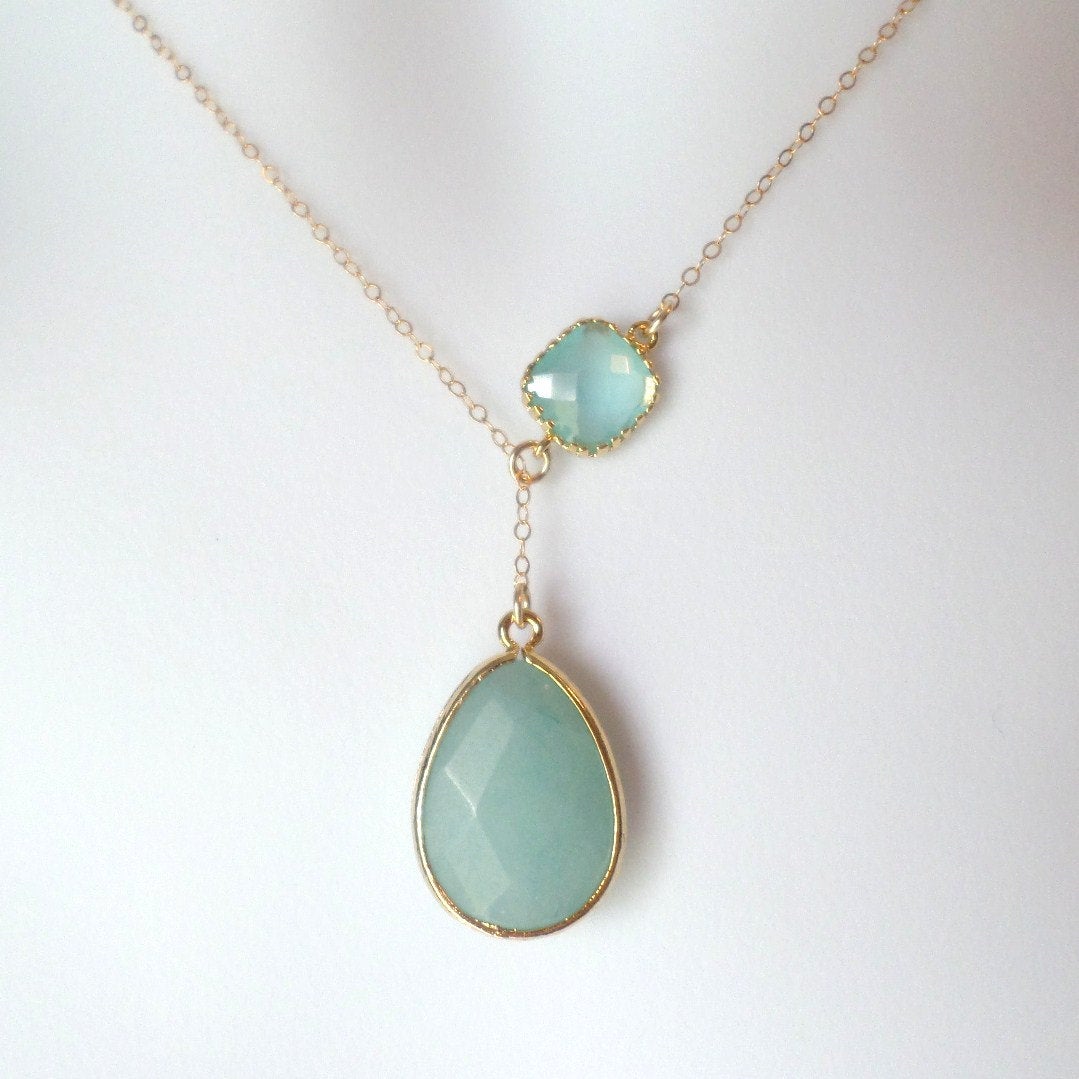 Mint Green and Gold Glass Stone Framed Lariat Necklace - Lariat Necklace - Gold Lariat Necklace - Birthday Gift - Christmas Gift