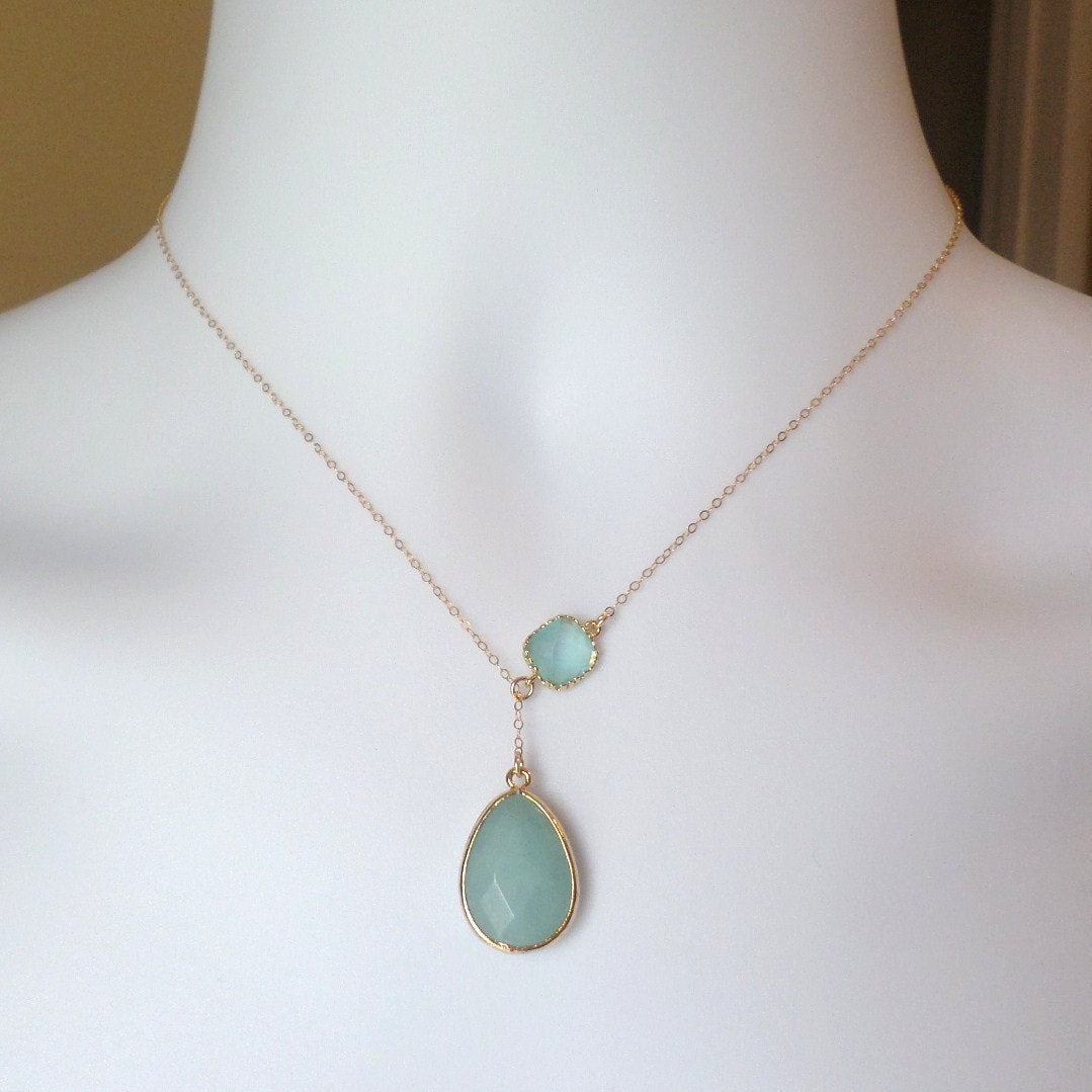 Mint Green and Gold Glass Stone Framed Lariat Necklace - Lariat Necklace - Gold Lariat Necklace - Birthday Gift - Christmas Gift