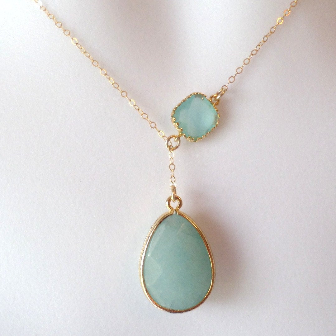 Mint Green and Gold Glass Stone Framed Lariat Necklace - Lariat Necklace - Gold Lariat Necklace - Birthday Gift - Christmas Gift