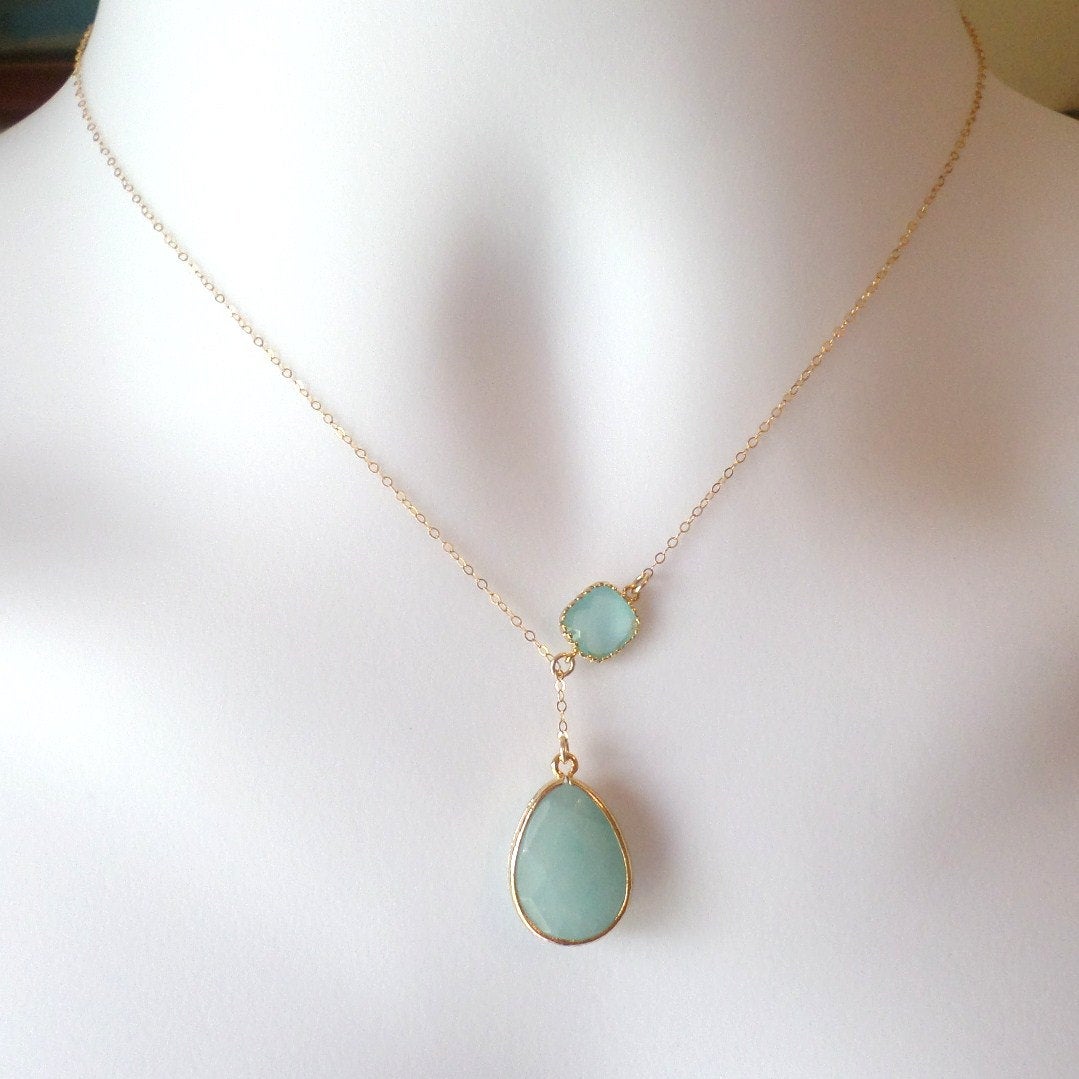 Mint Green and Gold Glass Stone Framed Lariat Necklace - Lariat Necklace - Gold Lariat Necklace - Birthday Gift - Christmas Gift