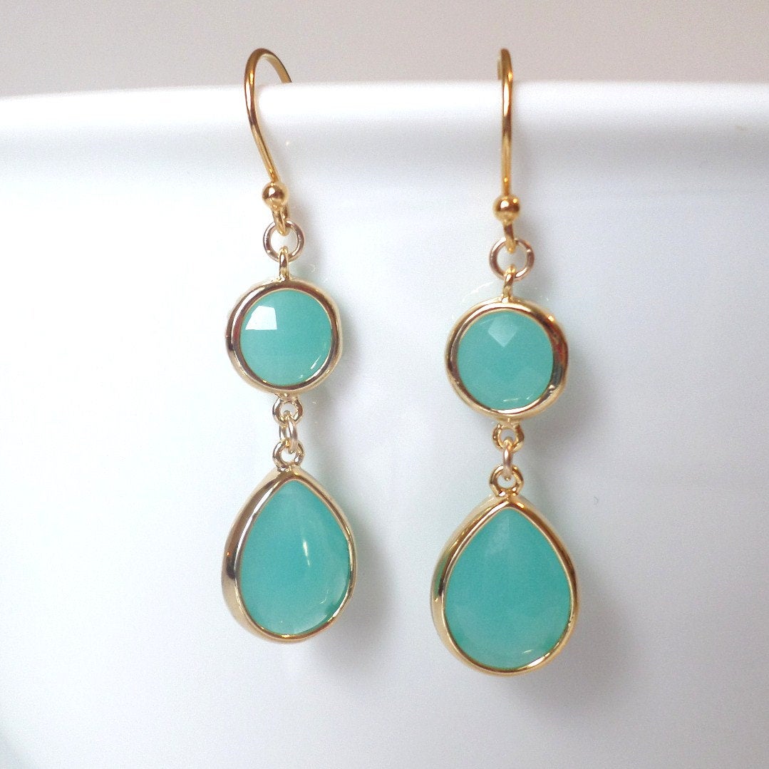 Mint Framed Glass Chandelier Earrings - Mint Green Earrings - Gold Earrings - Graduation Present - Christmas Gift