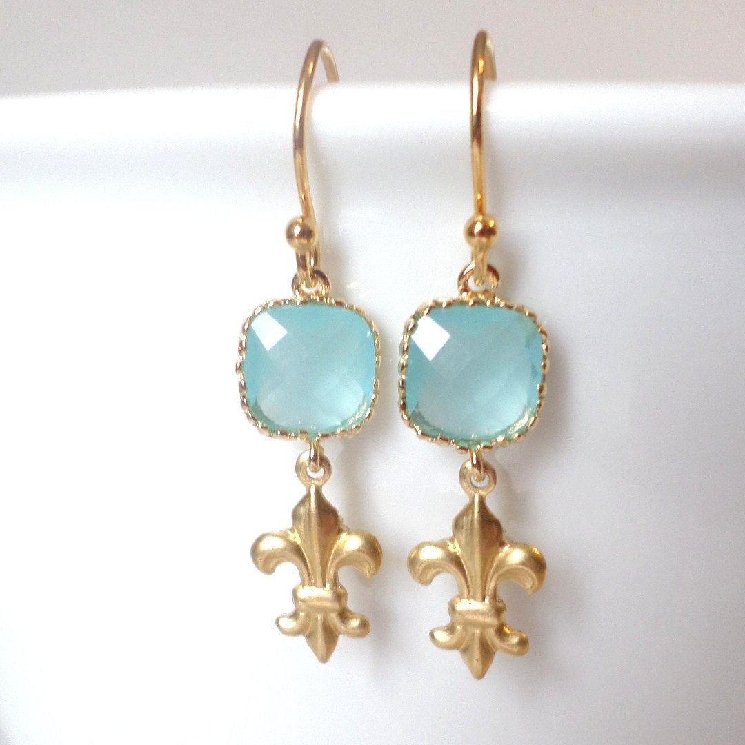 Mint Framed Glass and Fleur-de-lis Chandelier Earrings - Mint Green Earrings - Gold Earrings - Graduation Present - Christmas Gift