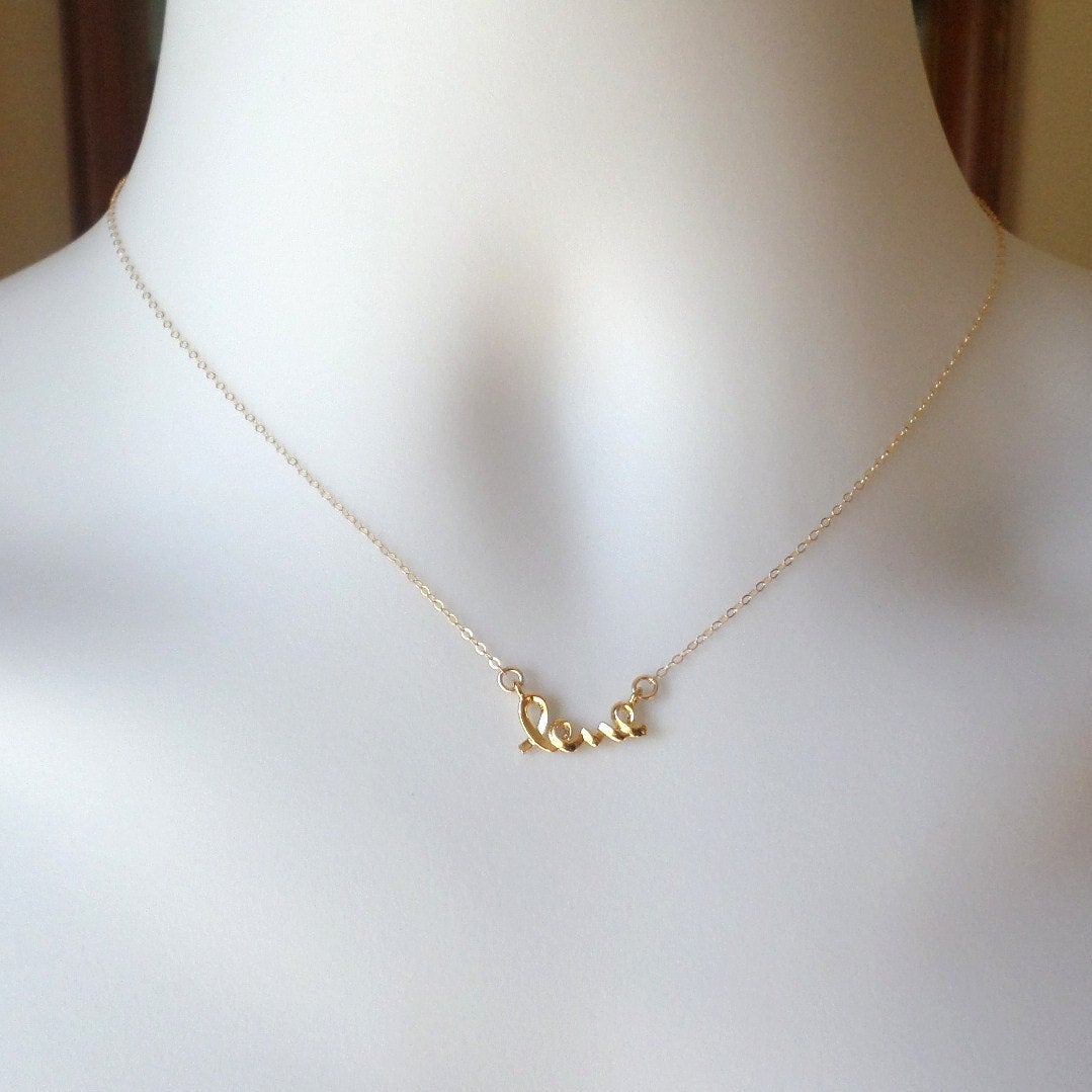 Tiny Gold Cursive Love Necklace - Gold Cursive Love Word Necklace - Bridesmaid Gifts - Christmas Gifts