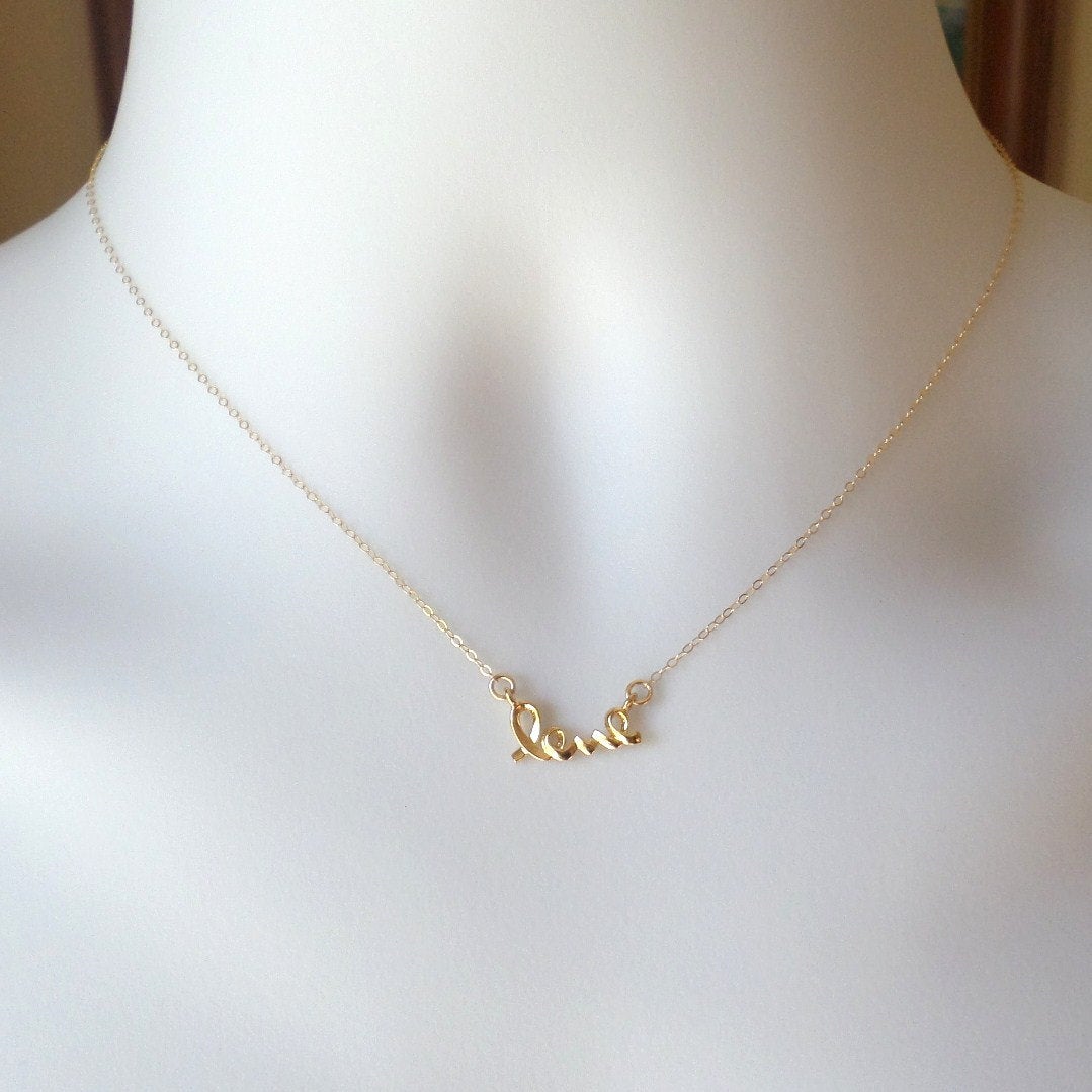 Tiny Gold Cursive Love Necklace - Gold Cursive Love Word Necklace - Bridesmaid Gifts - Christmas Gifts